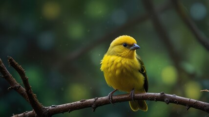 A small, bright yellow bird with a green back perched on a branch.