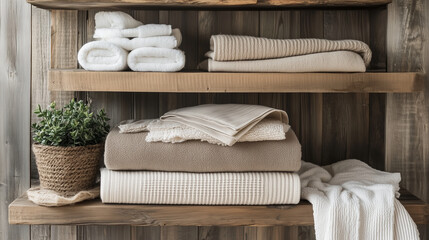 Neatly Stacked Neutral-Colored Towels on Wooden Shelf &ndash; Minimalist Bathroom Decor