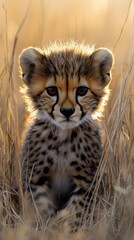 Fototapeta premium Intense Focus - Playful Baby Cheetah Cub Crouching in Savannah Grasslands with Blending Spots and Text Space