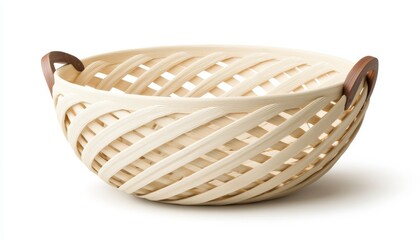 Elegant woven basket with wooden accents, perfect for home decor or storage, set against a white isolated background.