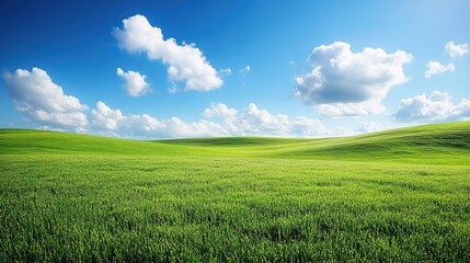 Obraz premium Vast green field under a bright blue sky filled with clouds