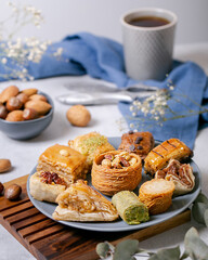 A plate of assorted Middle Eastern pastries, including baklava and Turkish delight, ideal for Eid celebrations or dessert inspiration