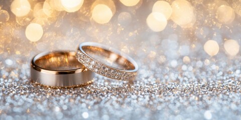 A pair of wedding rings on a sparkling background with copy space, a wedding concept banner design Close-up of silver and rose gold or white gold rings on a white bokeh background Generative AI