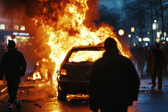 Silhouette of burning car in street with rioting people