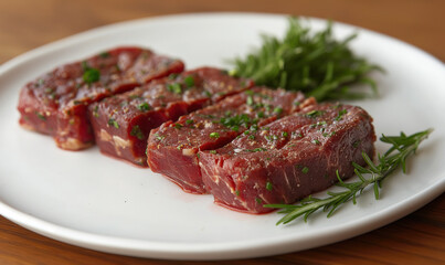 Raw pieces of meat lie on the table, ready for cooking.