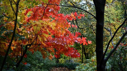 Obraz premium Stunning autumn foliage lights up a tranquil forest pathway in vibrant hues of red and orange