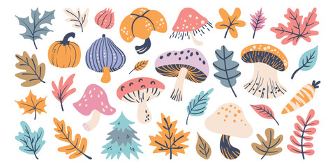 Set of isolated cute Fall elements in doodle hand drawn style on a transparent background. Vol.3 : Mushrooms series in pastel colorful orange and pink color tone.