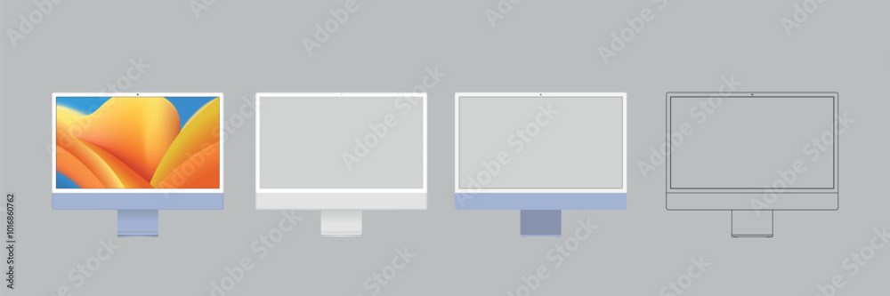 Poster pc computer monitor mockup in clay, outline, and realistic style. Computer monitor mock up Isolated on Background. Vector illustration