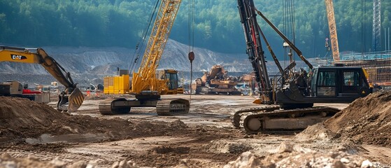 Fototapeta premium Massive cranes and bulldozers work in harmony at a bustling construction site showcasing the immense industrial strength and advanced capabilities driving modern infrastructure development
