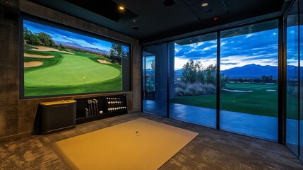 Modern indoor golf simulator room with a large screen displaying a golf course. Includes padded seating, golf equipment display, ambient lighting, and glass doors leading outside