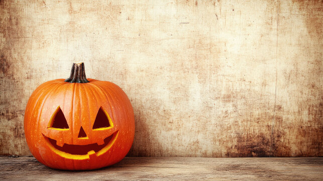 A pumpkin with a scary face is sitting on a wooden table. The pumpkin is orange and has a smile on its face, which makes it look friendly and inviting. The table is made of wood