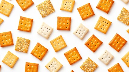 Assorted square crackers in various shades and textures arranged on a white background, creating a delicious and minimalist pattern.