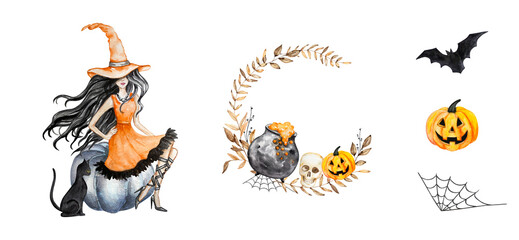 Watercolor Halloween set with cute, magical, mystical and scary illustrations