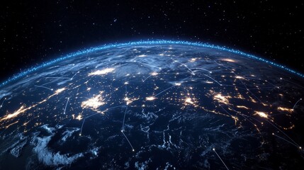 Obraz premium Earth seen from space at night, with glowing communication lines connecting major cities. generative ai