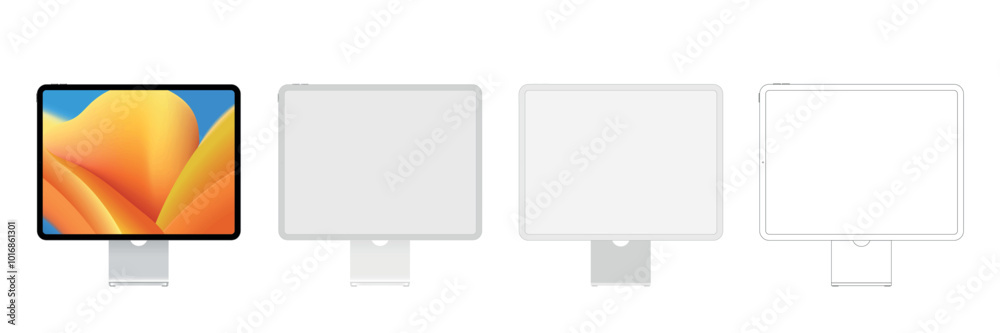 Aufkleber pc computer monitor mockup in clay, outline, and realistic style. Computer monitor mock up Isolated on Background. Vector illustration
