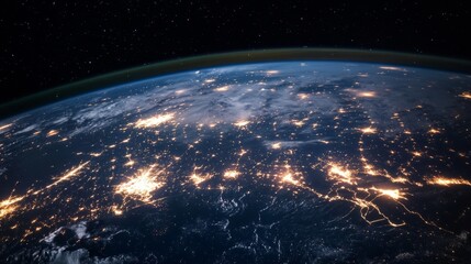 Obraz premium Night view of the Earth, interconnected by glowing network paths, generative ai