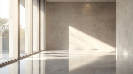 Obraz premium Modern interior design in an apartment, house, office, bright modern interior details and light from the window against the background of a concrete wall and floor with reflection