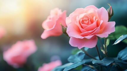 Fototapeta premium Pink Roses Blooming in a Garden with sunlight gently illuminating their petals and soft green leaves in a well-manicured garden.