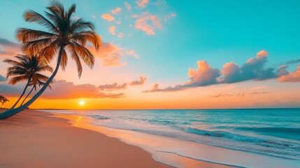 A serene tropical beach with golden sand and swaying palm trees, the sky ablaze with the vibrant colors of the setting sun, and gentle waves lapping the shore. 