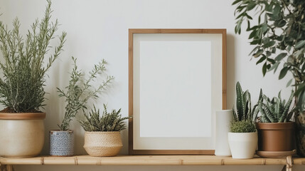A minimalist shelf decorated with assorted indoor plants and an empty framed picture in a cozy room