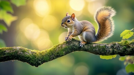 Fototapeta premium A curious squirrel perched on a moss-covered tree branch, surrounded by thick forest greenery and soft natural light streaming through the trees.