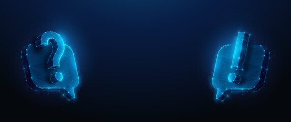 Abstract illustration of question mark and exclamation point floating over chat bubbles in low poly style. Blue geometric background depicting faq and technical expert support concept by wireframe 