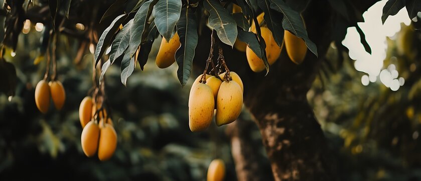Lush Mango Tree Laden with Ripe Tropical Fruit Against Verdant Foliage - Powered by Adobe