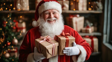 Jolly Santa Claus Holding Wrapped Gifts in Festive Christmas Setting with Twinkling Lights and Decorated Tree in the Background