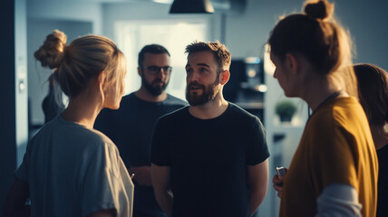 Obraz premium A group of people standing around talking to each other in an office environment. Colleagues discussing during an informal meeting. Multiracial people, difference theme, brainstorming.
