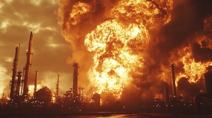 Fototapeta premium Fire and explosion in a large oil refinery tank, in industry