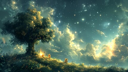 Obraz premium A Serene Night Sky Illuminates a Peaceful Landscape With Dogs Near a Glowing Tree