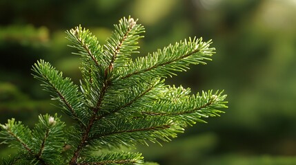 Close-Up of Lush Green Pine Tree Branch with Sunlight in a Forest Setting Capturing the Essence of Nature and Tranquility