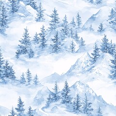Fototapeta premium Serene Watercolor Mountains with Snow and Pine Trees Seamless Pattern