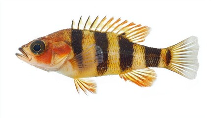 Climbing Perch Anabas testudineus showcases its colorful body and striking stripes while resting on a white surface highlighting its distinctive features.