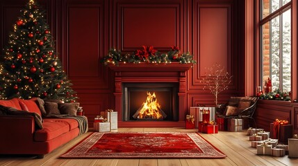 Fototapeta premium Cozy living room with crackling fireplace beautifully decorated Christmas tree