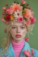 A serene portrait of a blonde woman adorned with a vibrant floral headpiece. This image radiates natural beauty and a harmonious blend of colors.