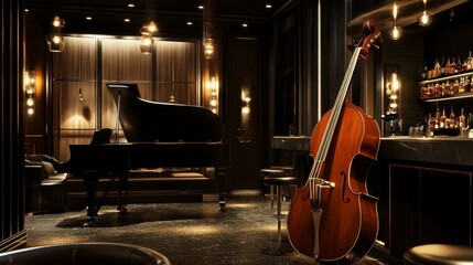 Modern jazz bar interior design, stage with black piano and cello, lamps above bar counter