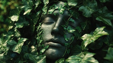Obraz premium A calm, expressionless face transforming into green vines and foliage, evoking tranquility and unity with nature.