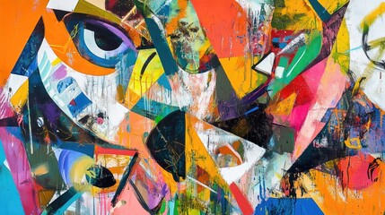 Obraz premium A bold abstract painting with surreal elements and eclectic shapes, using vibrant colors to evoke a sense of dreamlike wonder.