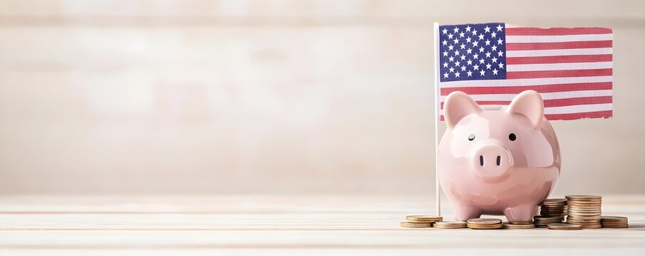 Patriotic Piggy Bank with USA Flag and Coins - Symbolizing Financial Independence and National Pride for a Secure Future