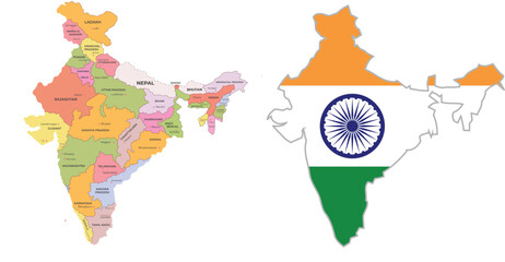 India map India’s official color map is presented alongside a colorful map displaying cities with names labeled. This design highlights geographic diversity, ideal for educational and promotional use.