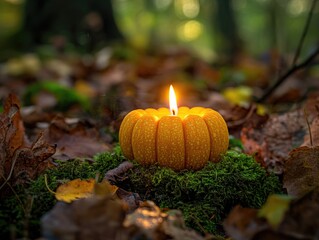 Pumpkin shaped candle surrounded by leaves and moss in a forest setting