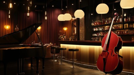 Modern jazz bar interior design, stage with black piano and cello, lamps above bar counter
