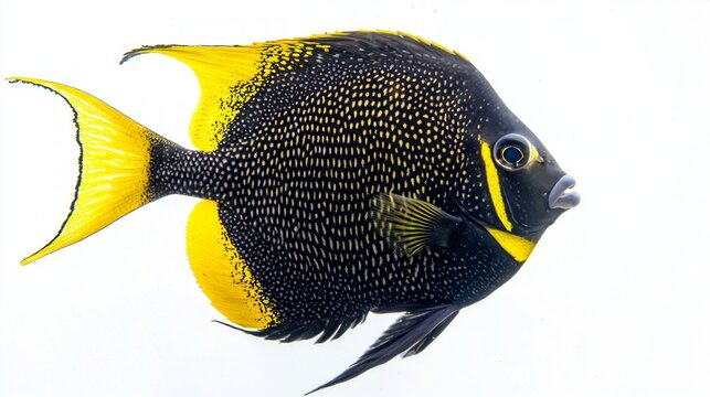 French Angelfish identified as Pomacanthus paru showcases its striking colors and patterns while swimming in clear water highlighting its beauty and grace.