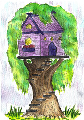 Purple wooden house on a green blossoming tree. Staircase up the plant. Summer veranda. Children's birdhouse.