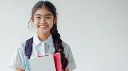 Obraz premium A Thai student wearing a traditional school uniform, smiling and holding textbooks, standing in front of a white background.