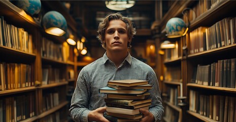 Young man is holding a stack of books in a library. Young man, checked shirt, holding stack of books, standing in grand library, surrounded by tall shelves, scholarly atmosphere concept