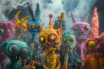 Funny-looking colorful monsters having fun. Junkie aliens partying together, dancing, tripping, smiling	
