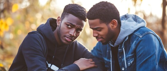 Two young male friends comforting each other during a difficult time showcasing empathy and emotional support in an autumn woodland setting