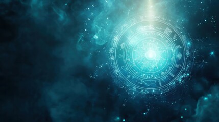 Mystical circle filled with astrological symbols and celestial diagrams, blue ethereal glow
